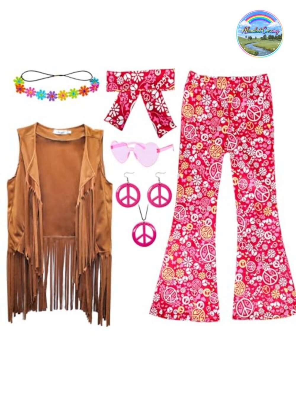 Girls 60s 70s Hippie Costume Set Fringe Vest Bell Bottoms Disco Outfit